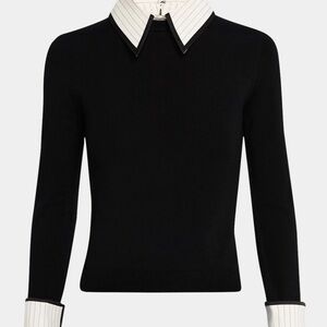 Alice + Olivia Wool Porla Pinstripe Collared Sweater Top Black White NWT Size S